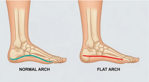 Flat feet vs normal arch anatomy diagram showing fallen arches condition