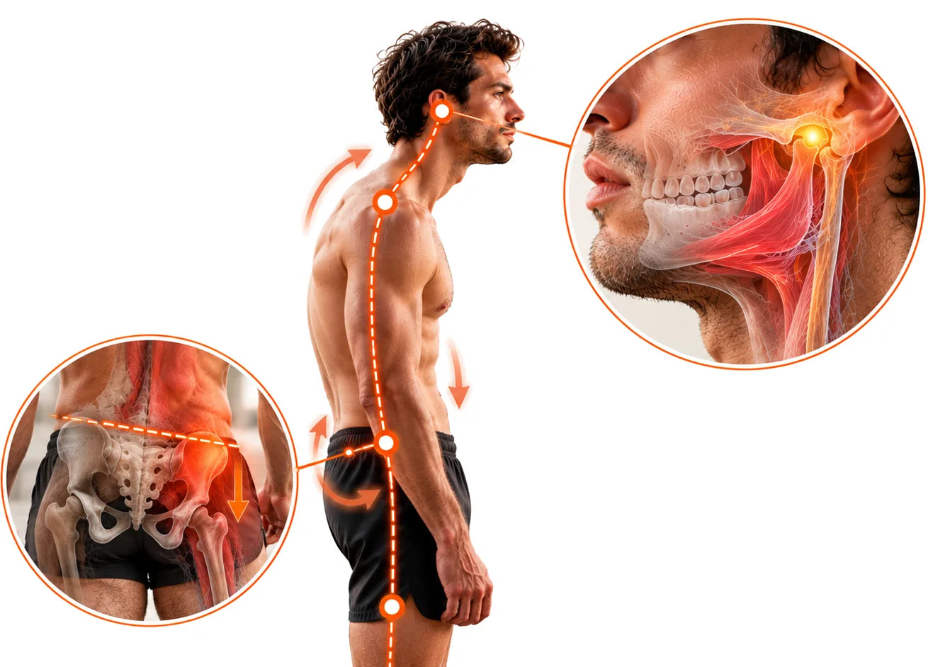 A man standing in profile with a dashed line along his spine, a close-up circle of the jaw joint and neck muscles, and a close-up circle of the pelvis and hips