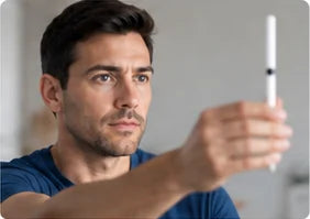 Man following a pen held at arm's length with his eyes