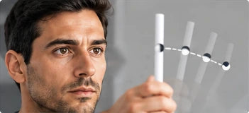 Man following a pen with his eyes as it moves to the side