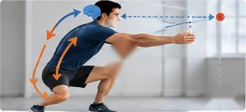 Man in a deep squat reaching towards a target while his eyes follow it