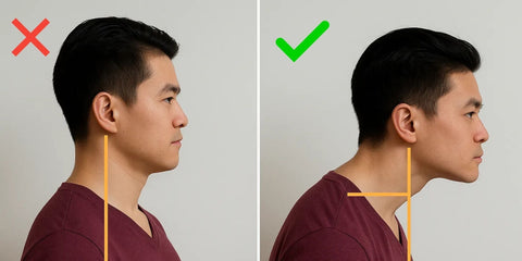 Side-by-side comparison of forward head posture showing incorrect alignment with head jutting forward marked with red X versus correct upright head alignment over shoulders marked with green checkmark