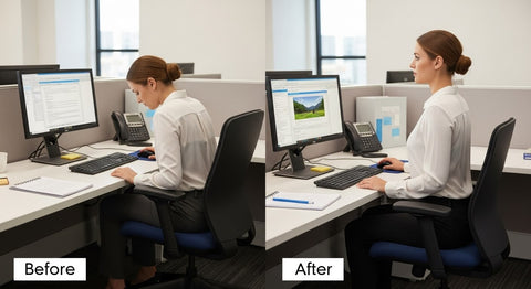 Office worker poor posture vs good posture comparison showing forward head posture correction
