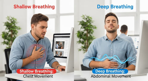 Office worker stress breathing comparison showing shallow vs deep breathing techniques for workplace wellness