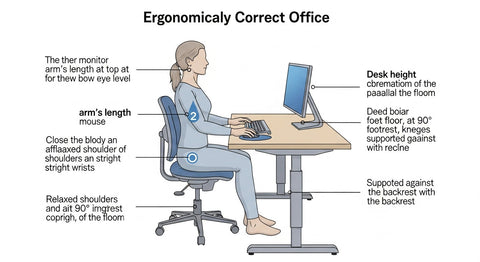 Proper ergonomic office setup showing optimal positioning for desk, chair, monitor, and accessories