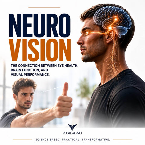 Posturepro NeuroVision neuro visual training tool showing the vision-brain connection and a thumb tracking test for posture