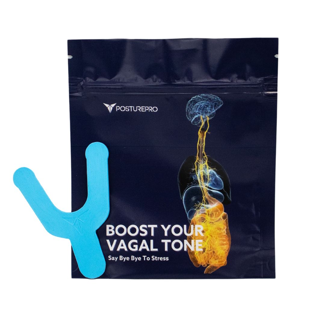 A blue Vagal Activator in front of its navy Posturepro pouch