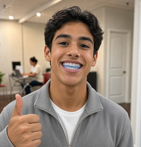 Smiling teenage boy wearing the Functional Activator, a blue mewing mouth guard that trains tongue posture