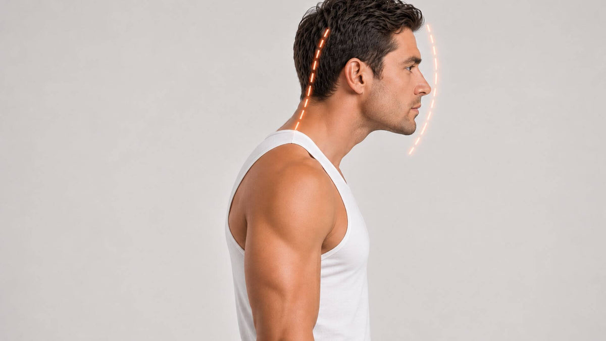 A man seen from the side carrying his head forward of his shoulders
