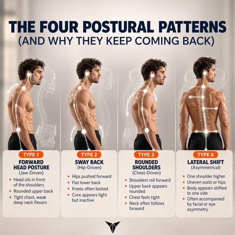 An infographic titled 'THE FOUR POSTURAL PATTERNS (AND WHY THEY KEEP COMING BACK)' shows four male model back views labeled Type 1 to Type 4 with text describing forward head posture, sway back, rounded shoulders, and lateral shift postures.