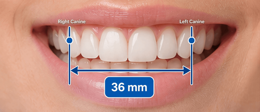 A smile measured between the canine teeth, reading 36 millimetres