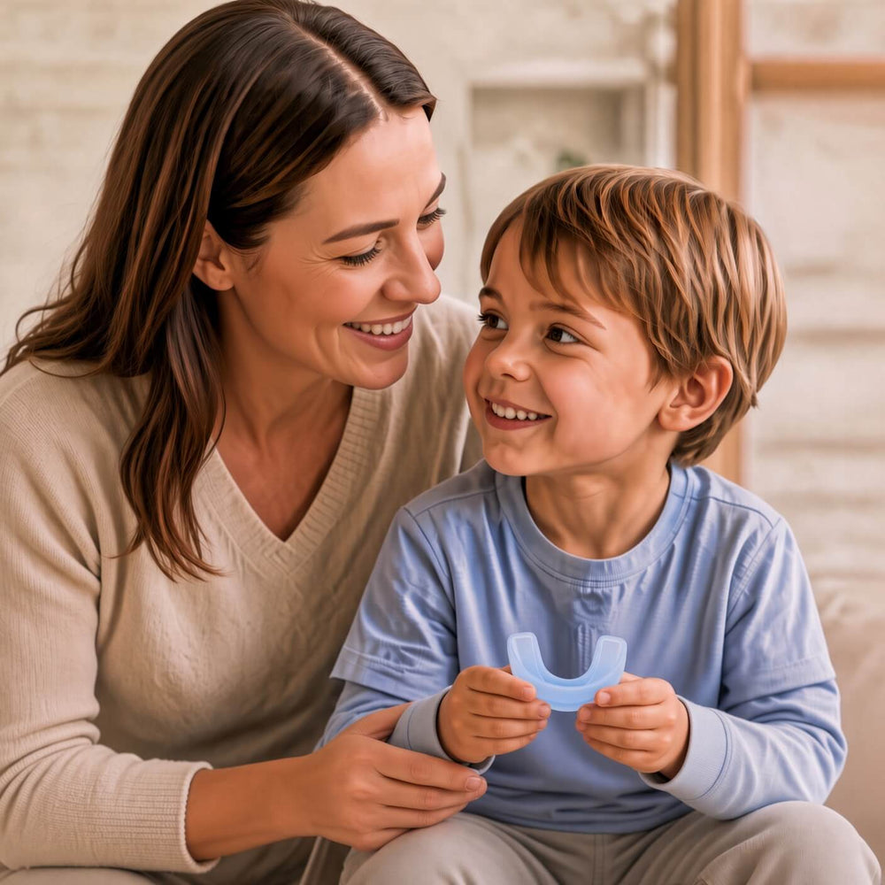 A mother and her young son sitting together, holding the Functional Activator