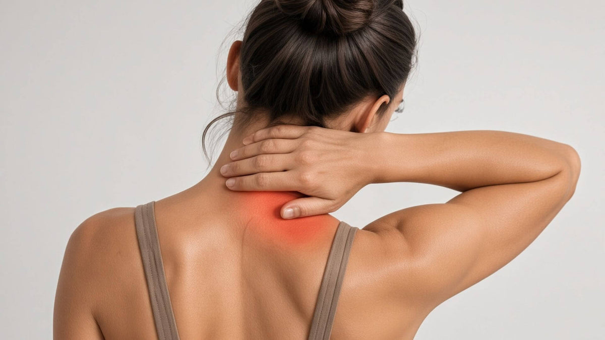 A woman seen from behind holding the base of her neck