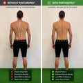 Side-by-side comparison of a man's back before and after  posture alignment with white and green vertical line indicators and text listing benefits of aligned posture with fix my posture bundle.