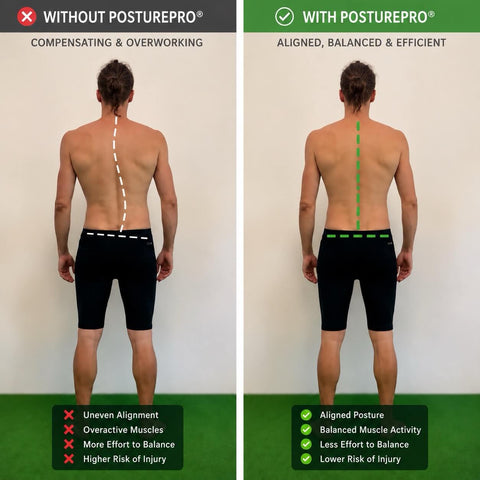 Side-by-side comparison of a man's back before and after  posture alignment with white and green vertical line indicators and text listing benefits of aligned posture with fix my posture bundle.