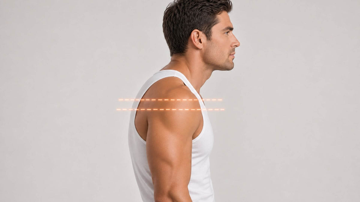 A woman seen from the side with her shoulders rounded forward