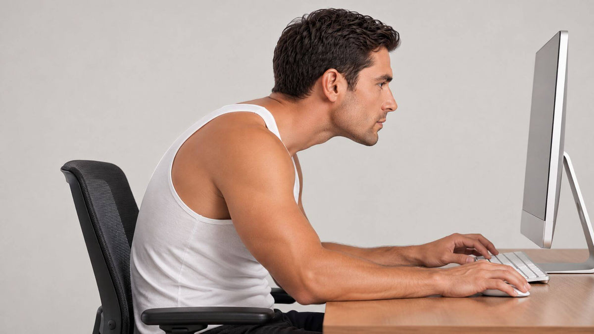 A woman slouched over a laptop at a desk