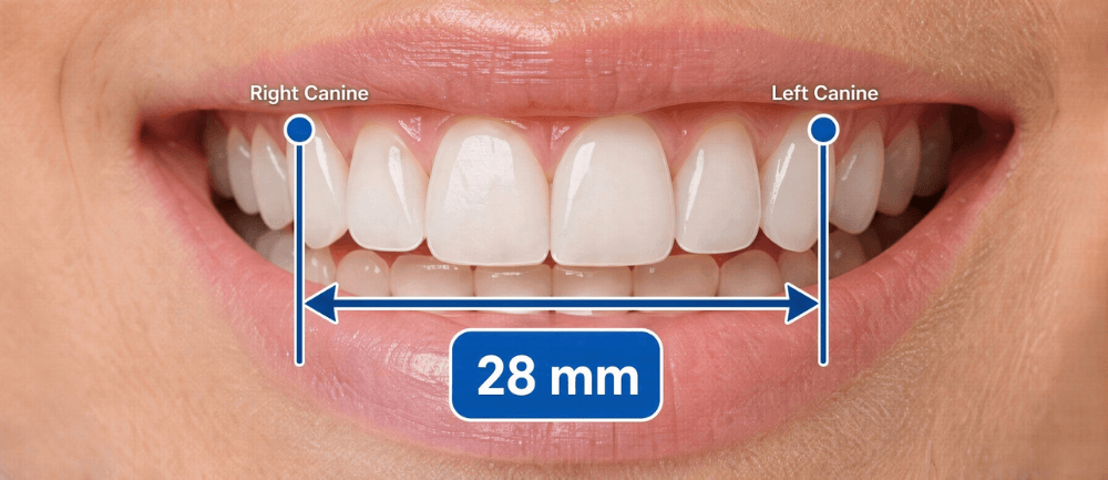 A smile measured between the canine teeth, reading 28 millimetres