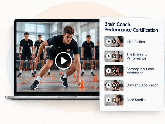 A laptop playing a video lesson of athletes training, next to the course's lesson list