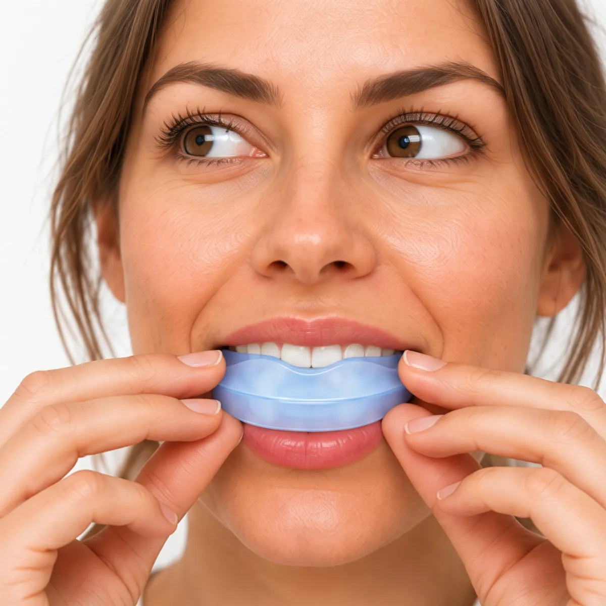 Woman squeezing the sides of the Functional Activator mouth guard to place it over her teeth