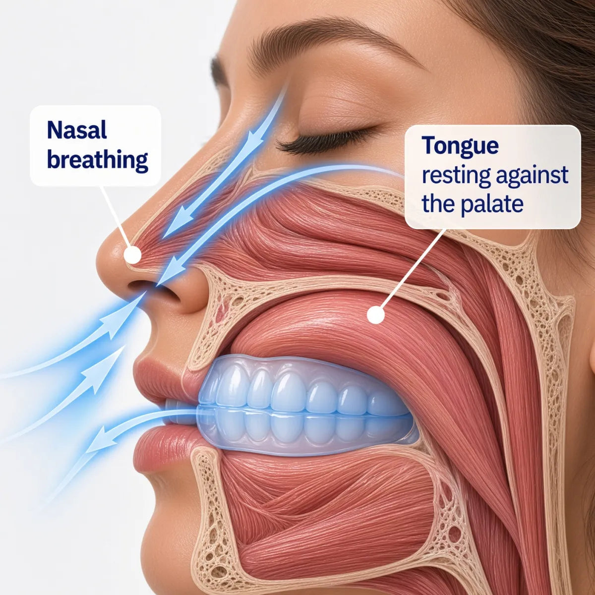 Illustration of a woman's head in cross-section wearing the Functional Activator mouth guard, with her tongue resting against the palate and air flowing in through the nose