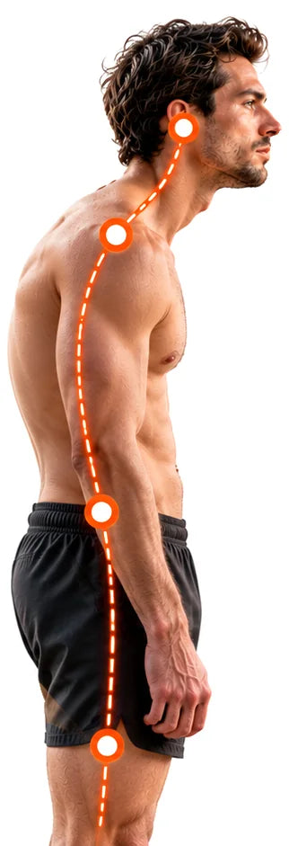 A man standing side on, with his posture line marked from the ear down the spine and leg