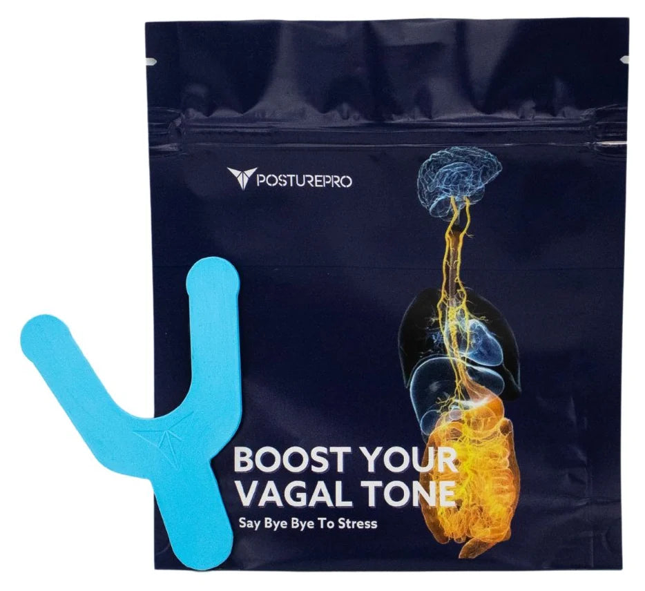 The blue Y-shaped Posturepro Vagal Activator in front of its dark Boost Your Vagal Tone pouch
