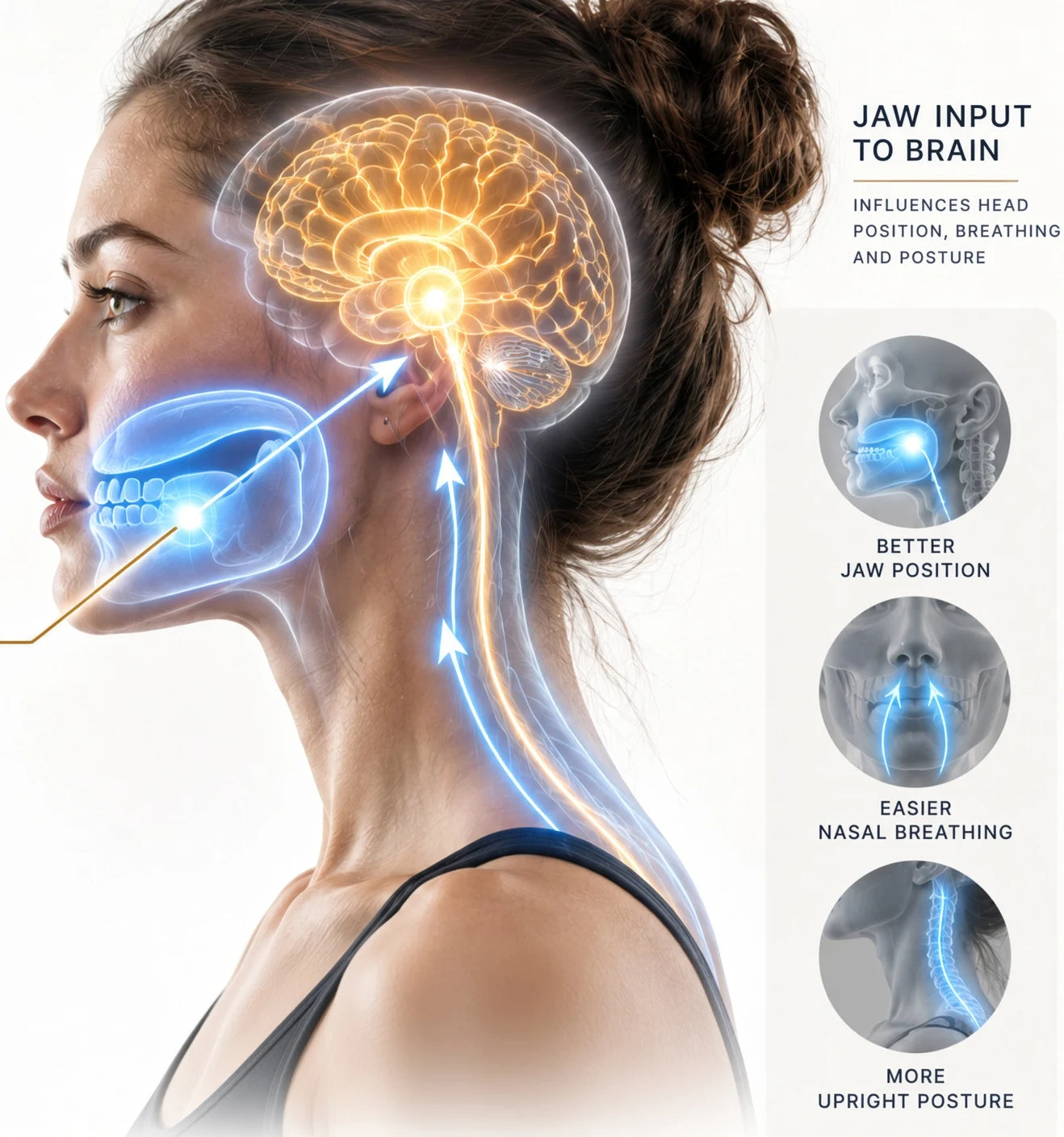 A woman in profile with the brain and jaw highlighted, showing sensory pathways travelling from the jaw to the brain