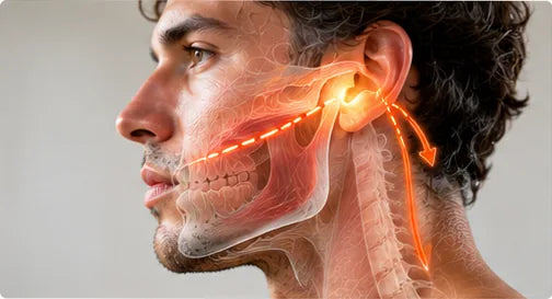 A man's face in profile with the jaw joint, tongue and neck muscles highlighted