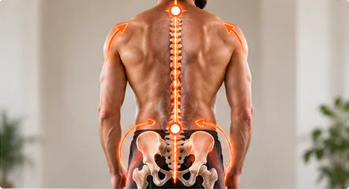 A man's bare back seen from behind with the spine and pelvis highlighted