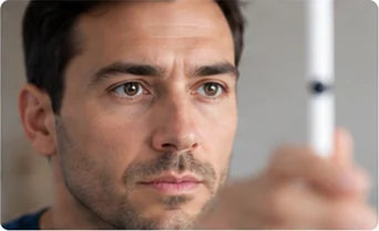 Man focusing on a pen held up close in front of his eyes