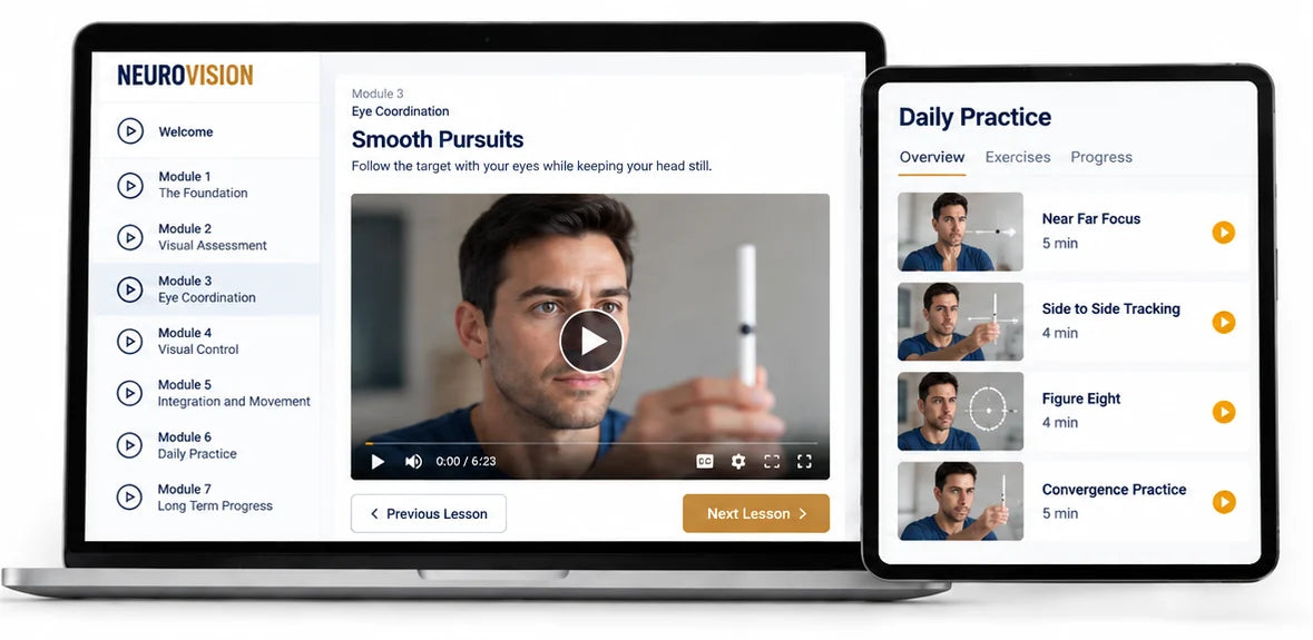 The NeuroVision course on a laptop and a tablet: the list of modules, the Smooth Pursuits lesson and the Daily Practice exercises