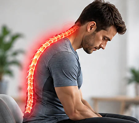 Man sitting slumped forward on a chair, his spine highlighted in red