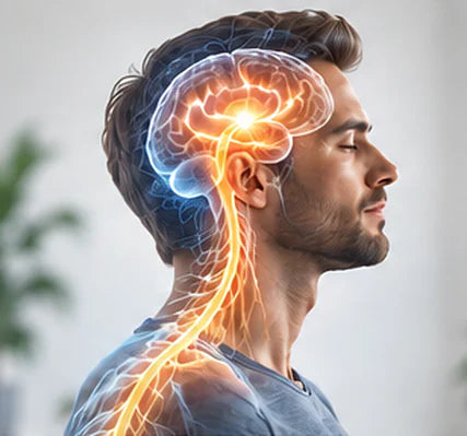 Man with his eyes closed, his brain and nerves highlighted in glowing orange