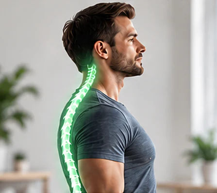 Man standing tall with relaxed shoulders, his spine highlighted in green