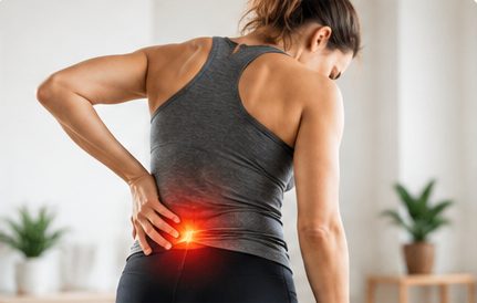 Woman holding her lower back where the SI joint hurts