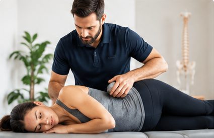 Practitioner treating a woman's pelvis on a table